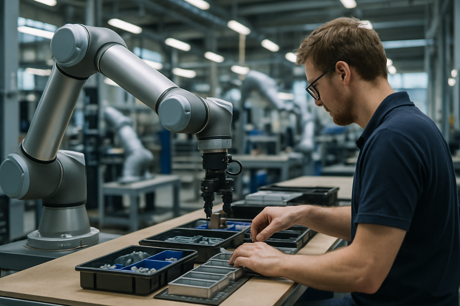 Braccio robotico collaborativo che lavora accanto a un operatore in una postazione di assemblaggio in fabbrica