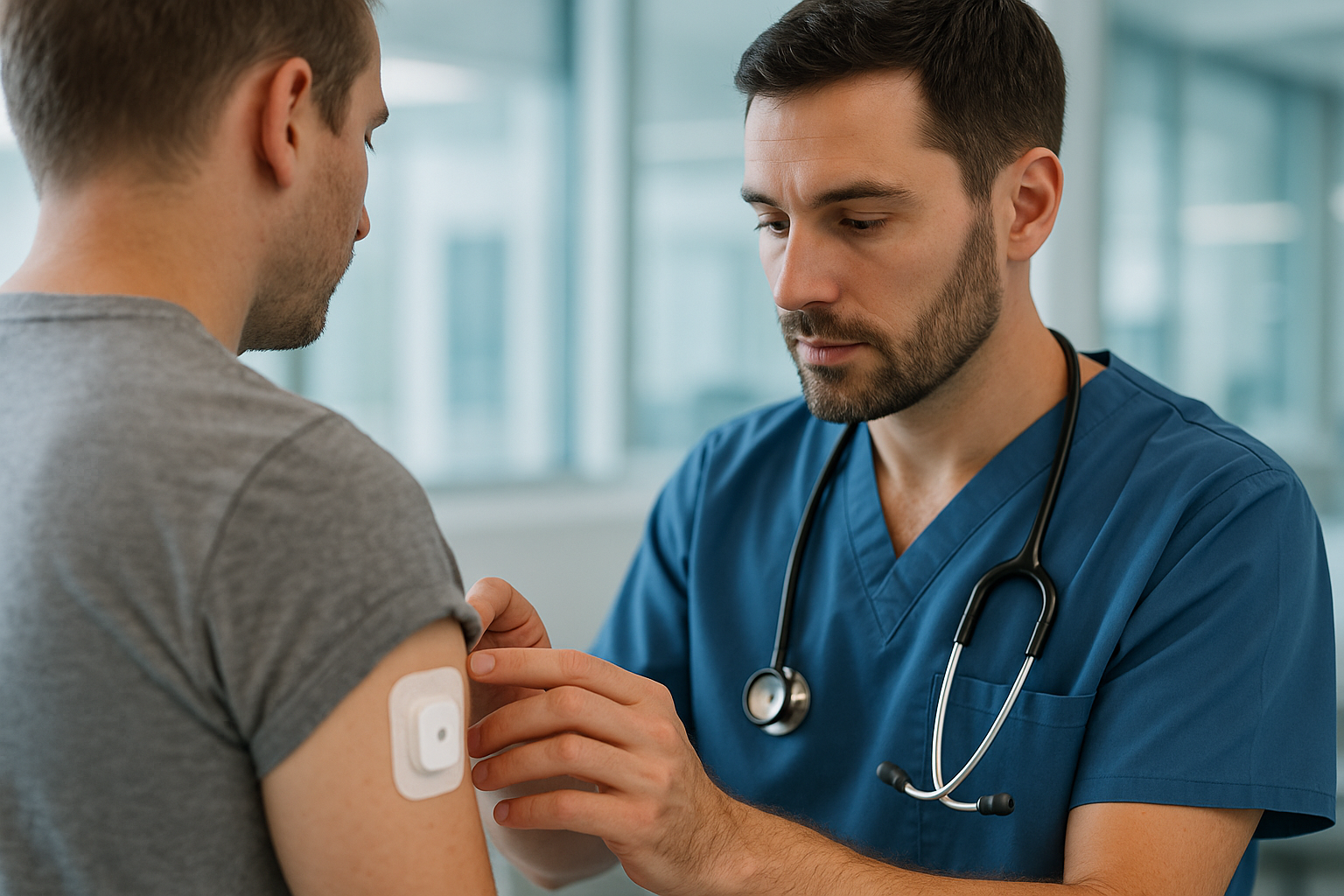 Operatore sanitario che verifica un dispositivo wearable professionale su un paziente in ambiente clinico