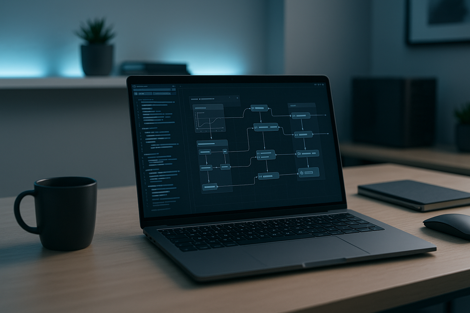 Rappresentazione concettuale di automazione nello sviluppo software con pipeline e diagrammi tecnici