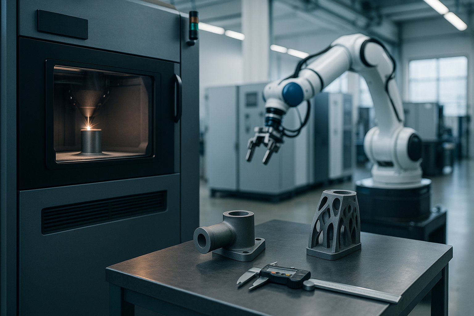 Stampante 3D industriale in un impianto produttivo con componenti tecnici e automazione