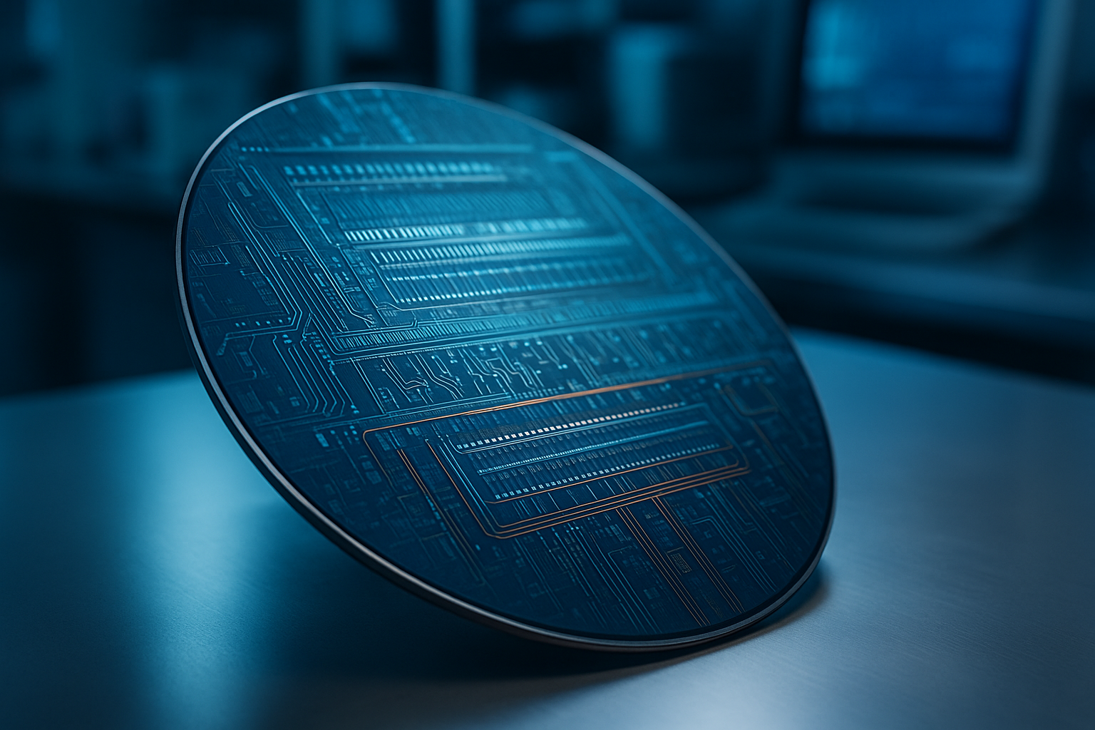 Illustrazione stilizzata di un wafer con strati di circuiti e interconnessioni che rappresentano microchip avanzati