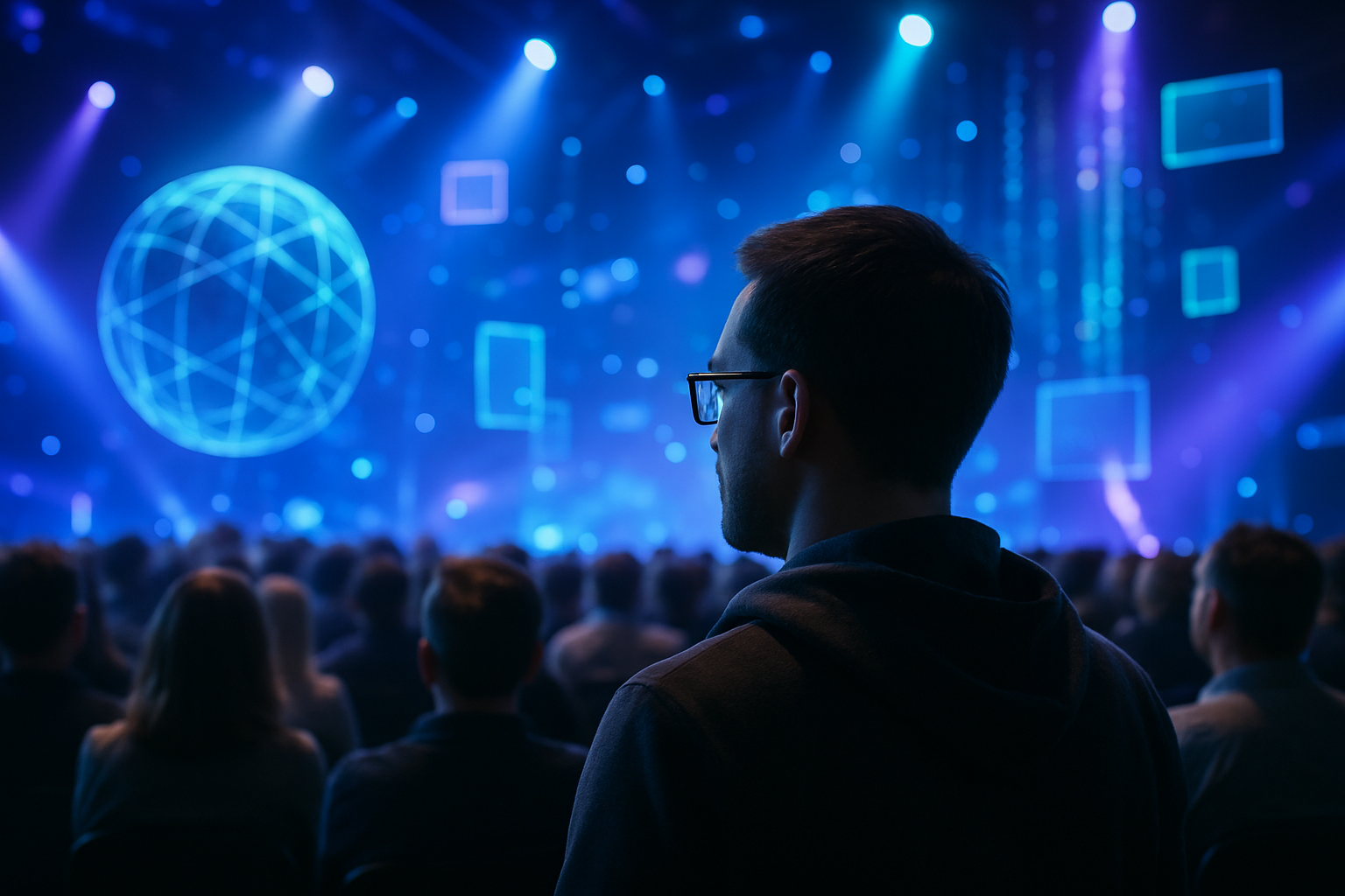 Evento di intrattenimento con elementi visivi che richiamano realtà virtuale e aumentata