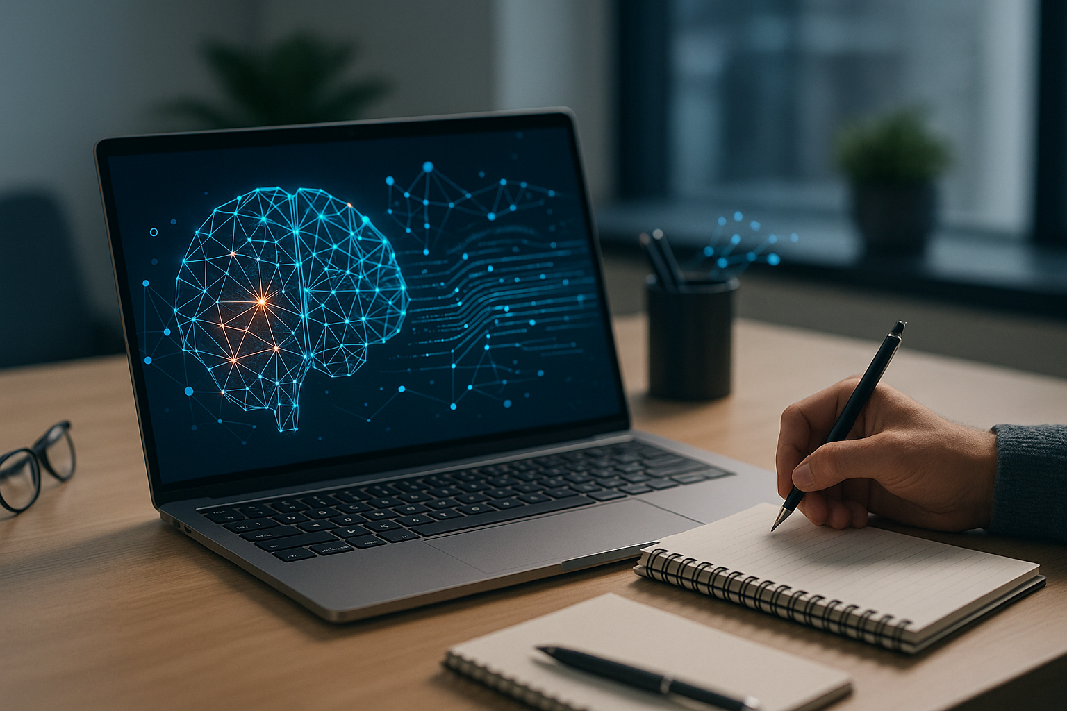 Scrivania con laptop e simboli astratti di reti neurali che rappresentano l’uso dell’intelligenza artificiale nel lavoro