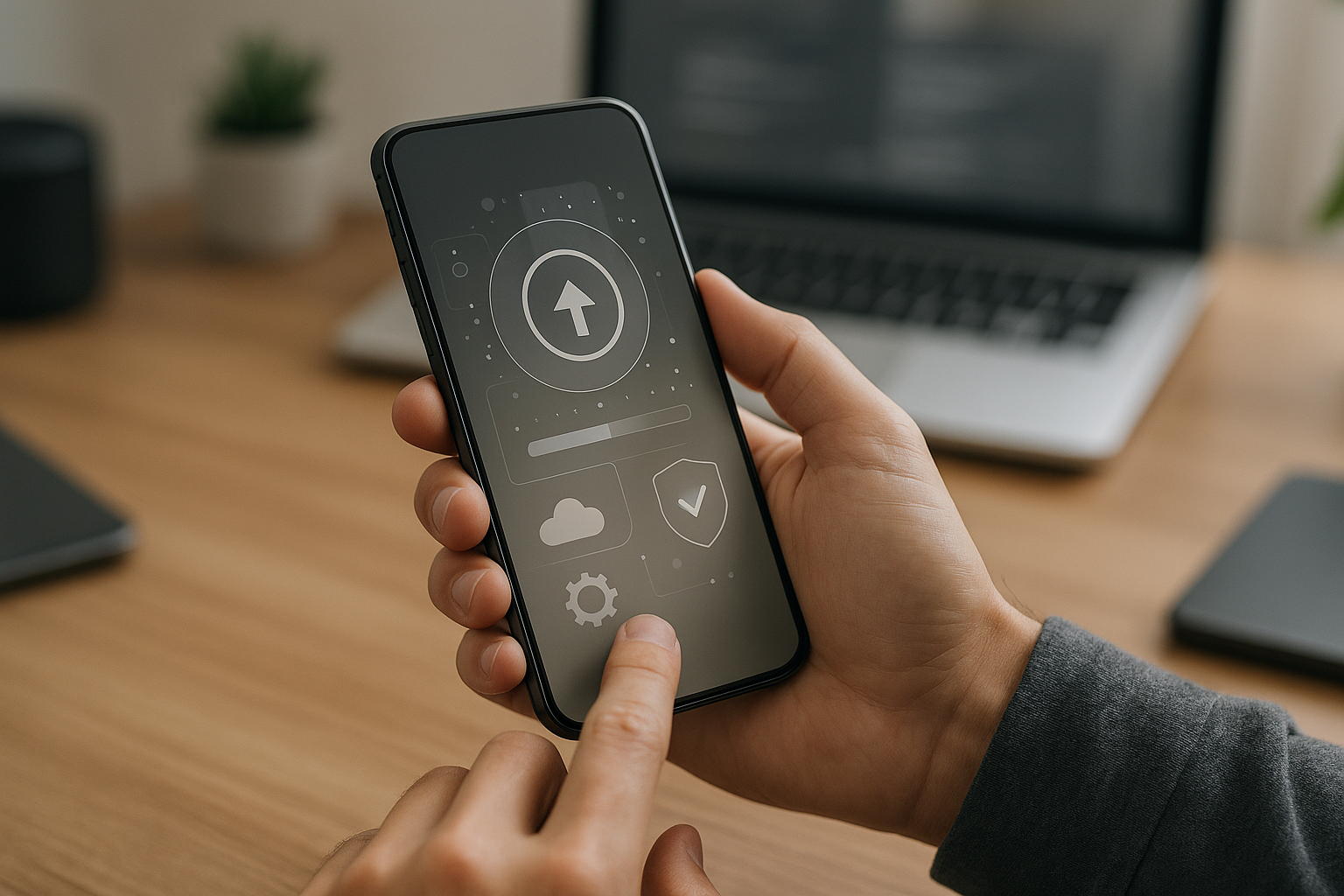 Smartphone con elementi grafici astratti che rappresentano aggiornamenti software, servizi cloud e sicurezza