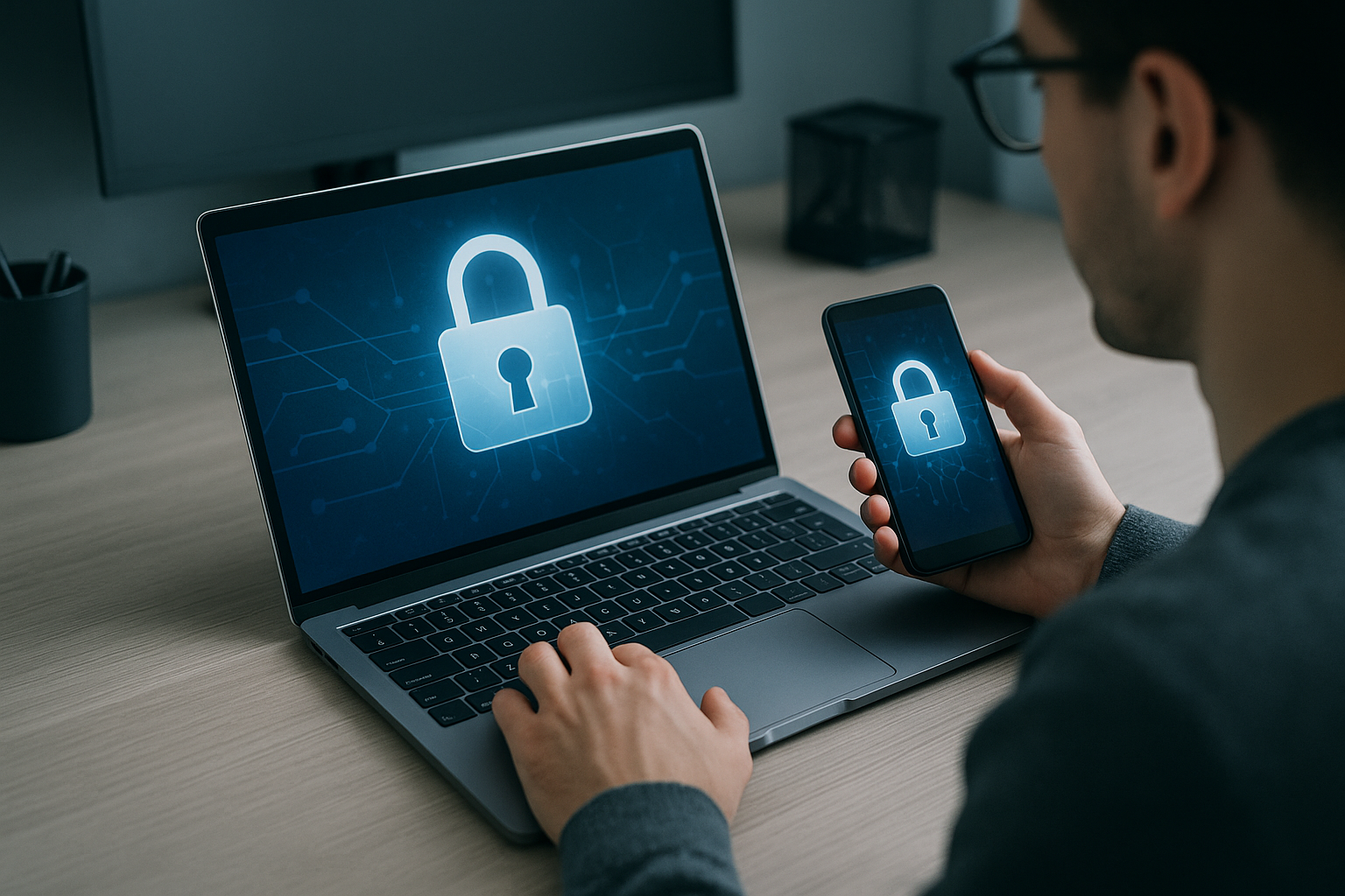 Concetto di cybersecurity con dispositivi digitali e simboli di protezione dei dati
