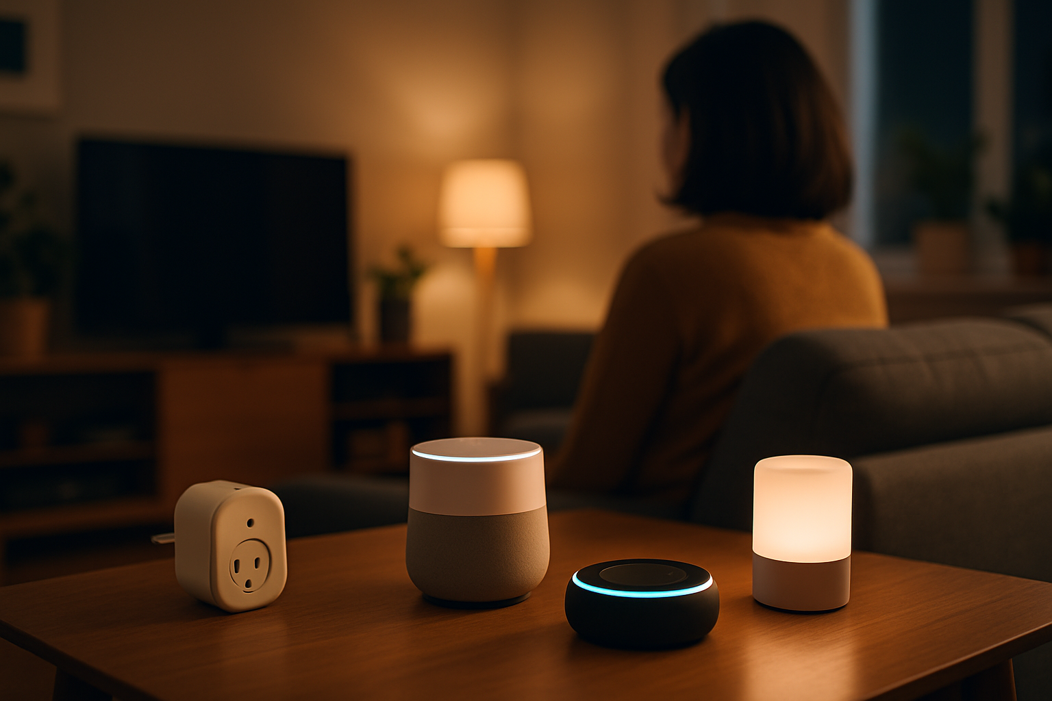 Ambiente domestico moderno con dispositivi connessi e illuminazione intelligente