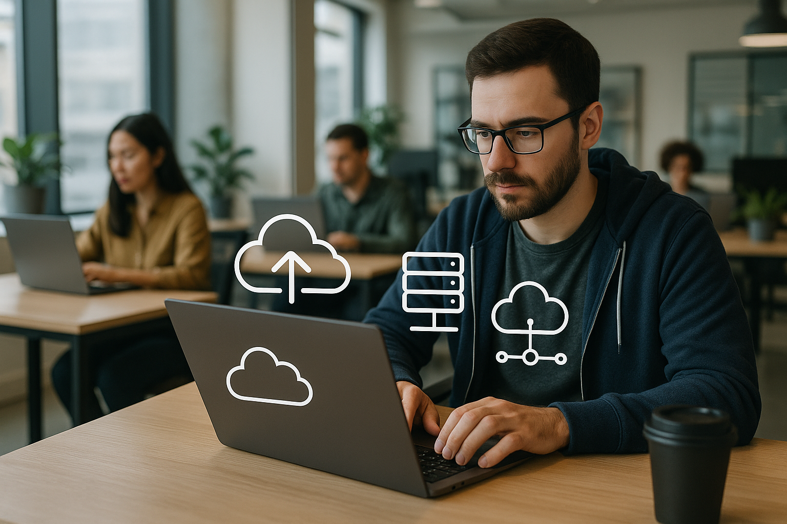 Professionisti al lavoro con elementi grafici astratti che rappresentano servizi di cloud computing e infrastruttura online