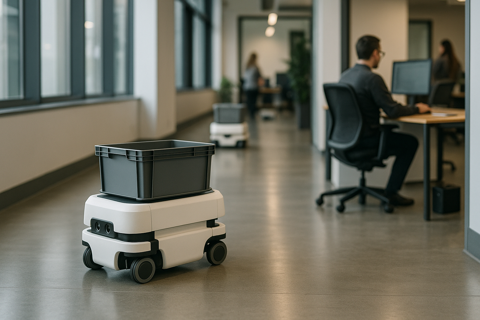 Robot mobili autonomi impiegati per consegne interne e supporto logistico in un ambiente di lavoro moderno