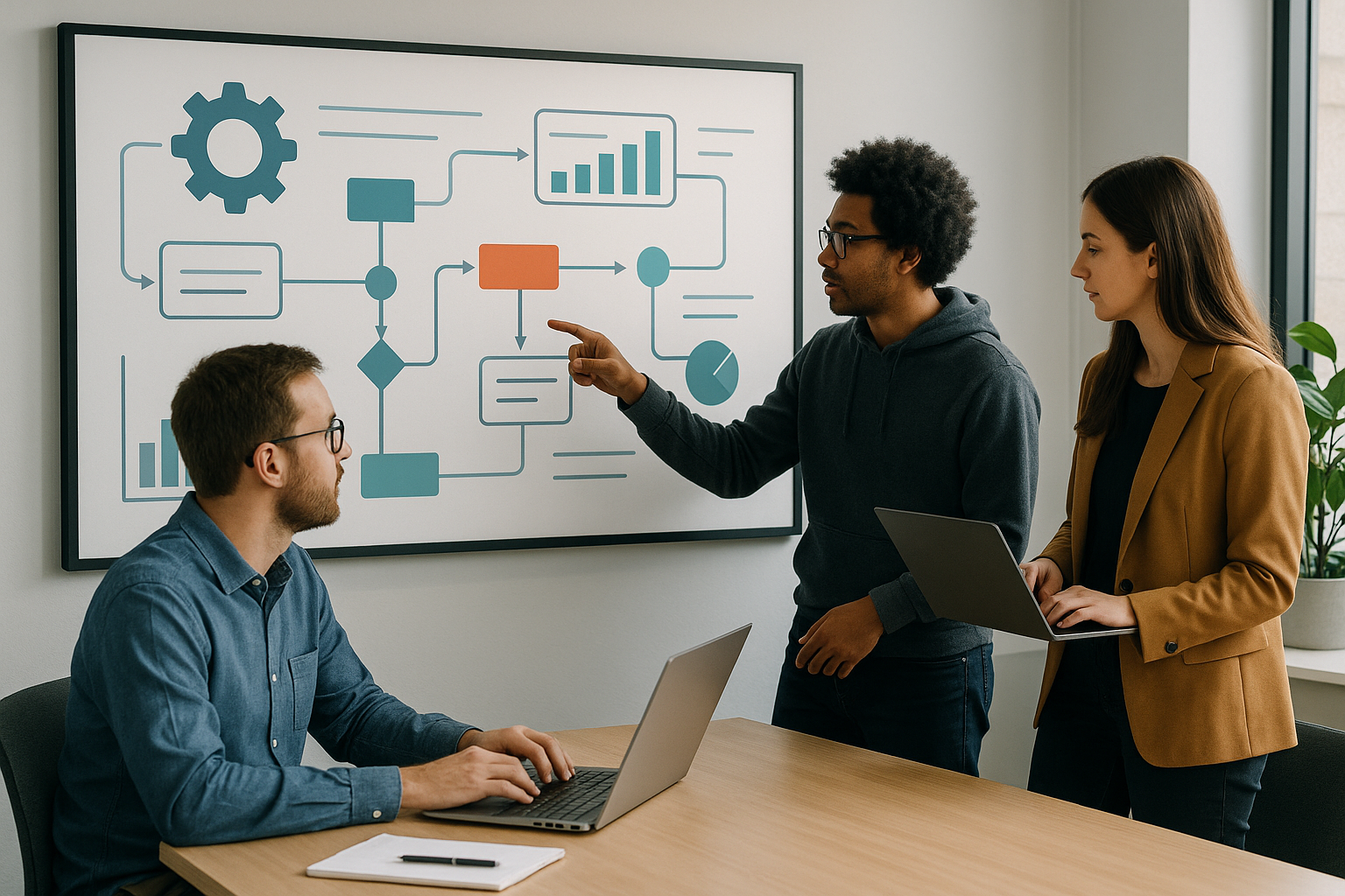 Rappresentazione concettuale di automazione aziendale con flussi di lavoro e dashboard in un ufficio moderno
