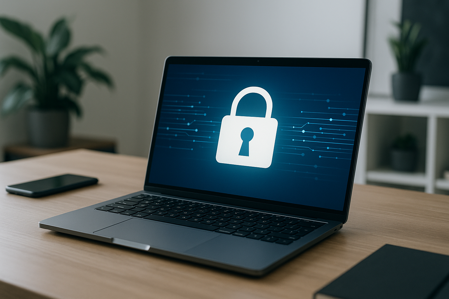 Concetto di privacy digitale e controllo dei dati su un laptop in ambiente moderno