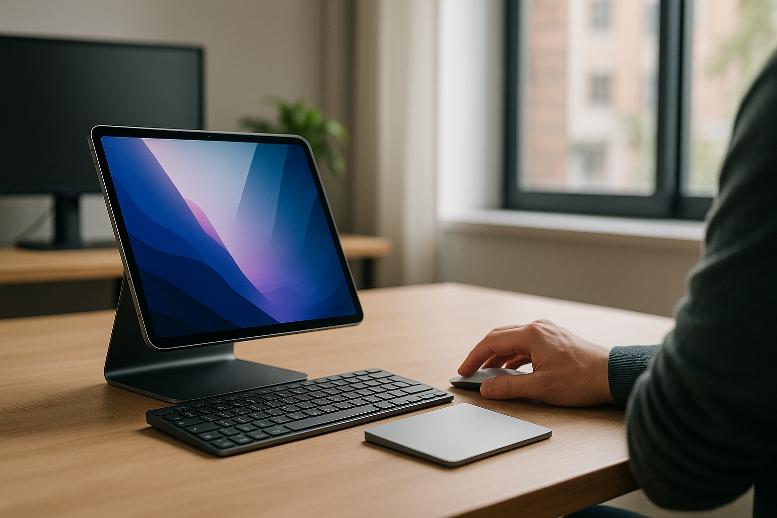 Tablet su supporto con tastiera e trackpad in una postazione di lavoro minimal