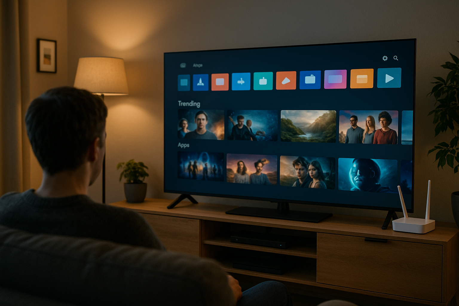 Smart TV in salotto con interfaccia di streaming e router Wi‑Fi vicino