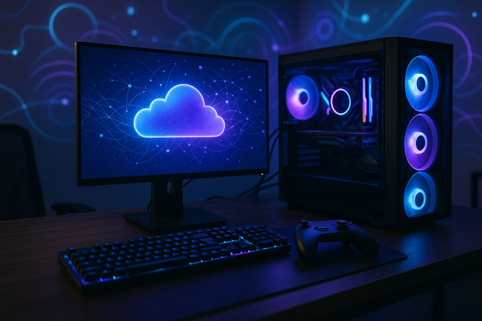 Postazione gaming con riferimenti astratti a cloud, rete e community