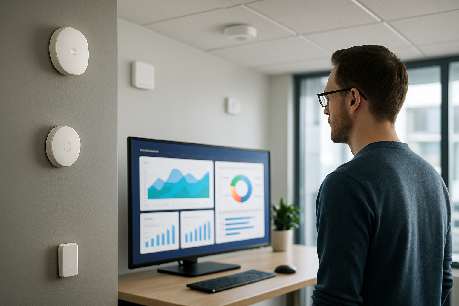 Sensori IoT in un ambiente di lavoro moderno per monitoraggio e automazione