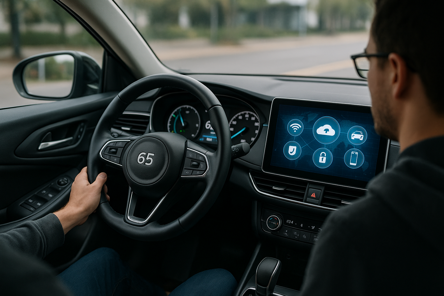 Cruscotto digitale di un'auto connessa con interfaccia software e indicatori di connettività