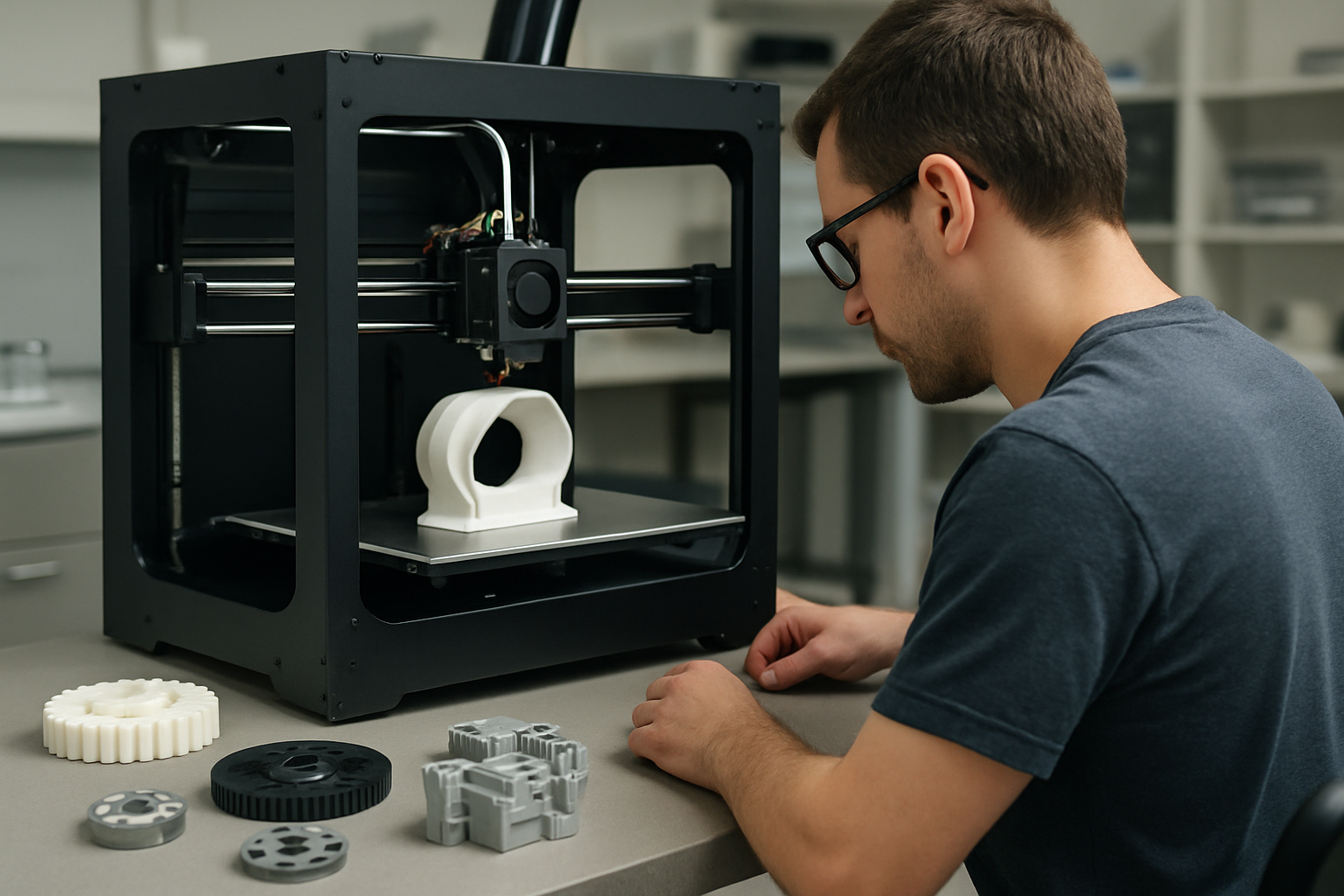 Laboratorio di manifattura additiva con stampante 3D e componenti tecnici sul banco