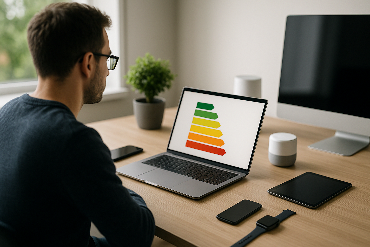 Dispositivi tecnologici generici su scrivania con elementi visivi che richiamano efficienza energetica e sostenibilità