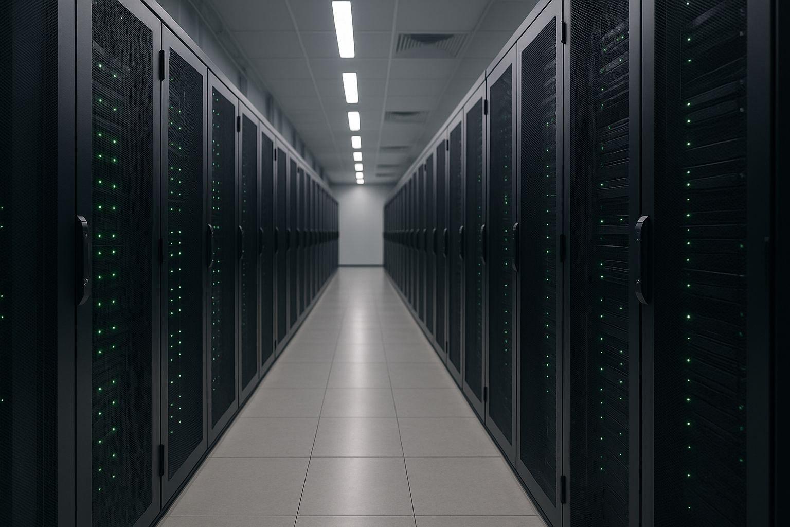 Corridoio di rack in un data center moderno con luci e cablaggi ordinati