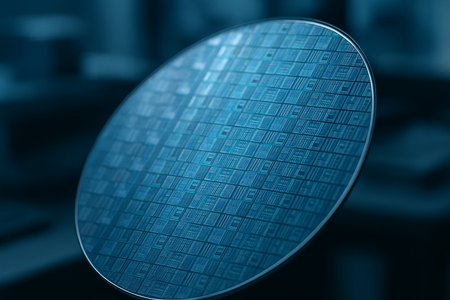 Dettaglio di un wafer di silicio con pattern di circuiti integrati