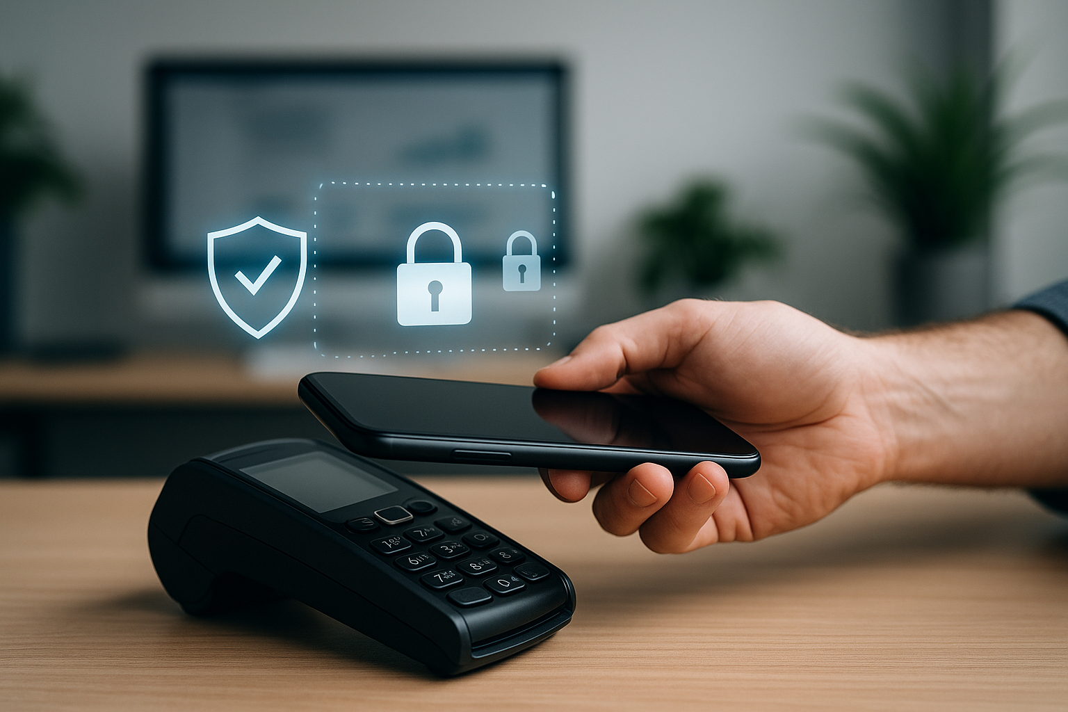 Pagamento digitale con smartphone vicino a un terminale, simboli di sicurezza e privacy in sovrimpressione