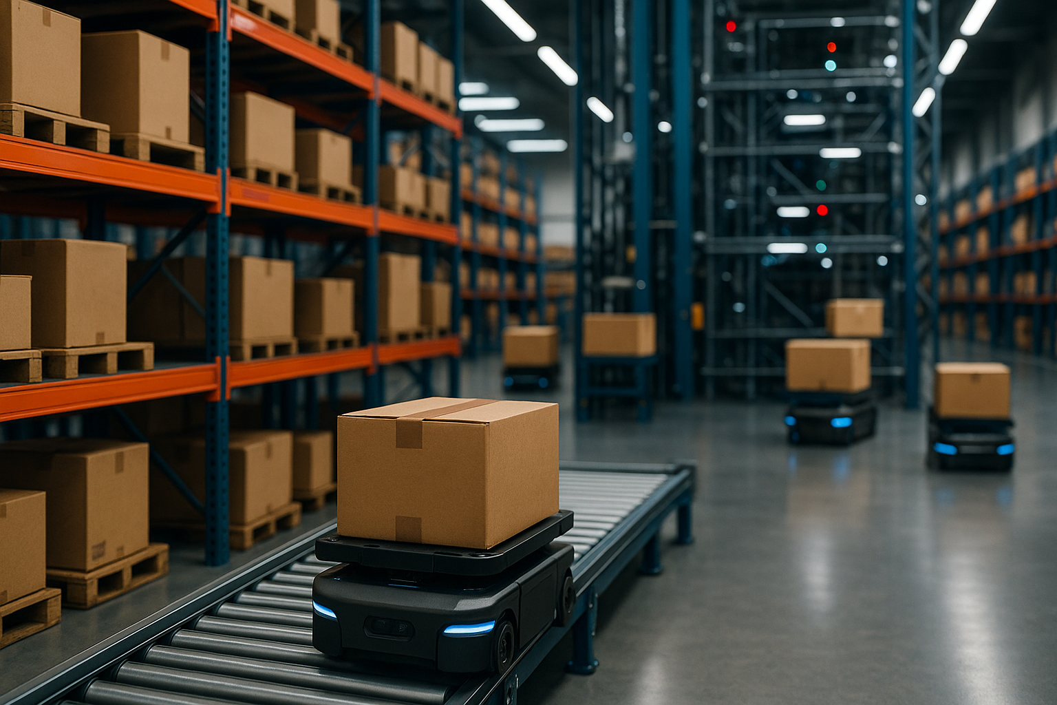 Magazzino moderno con automazione e pacchi pronti per la spedizione nell’e-commerce
