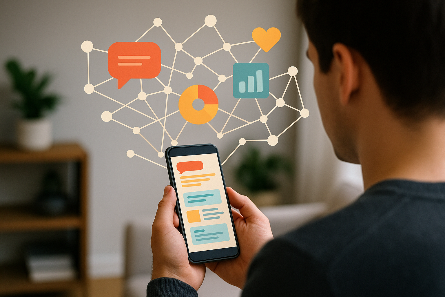 Illustrazione di una persona che scorre un feed sullo smartphone con elementi astratti che rappresentano dati e algoritmi
