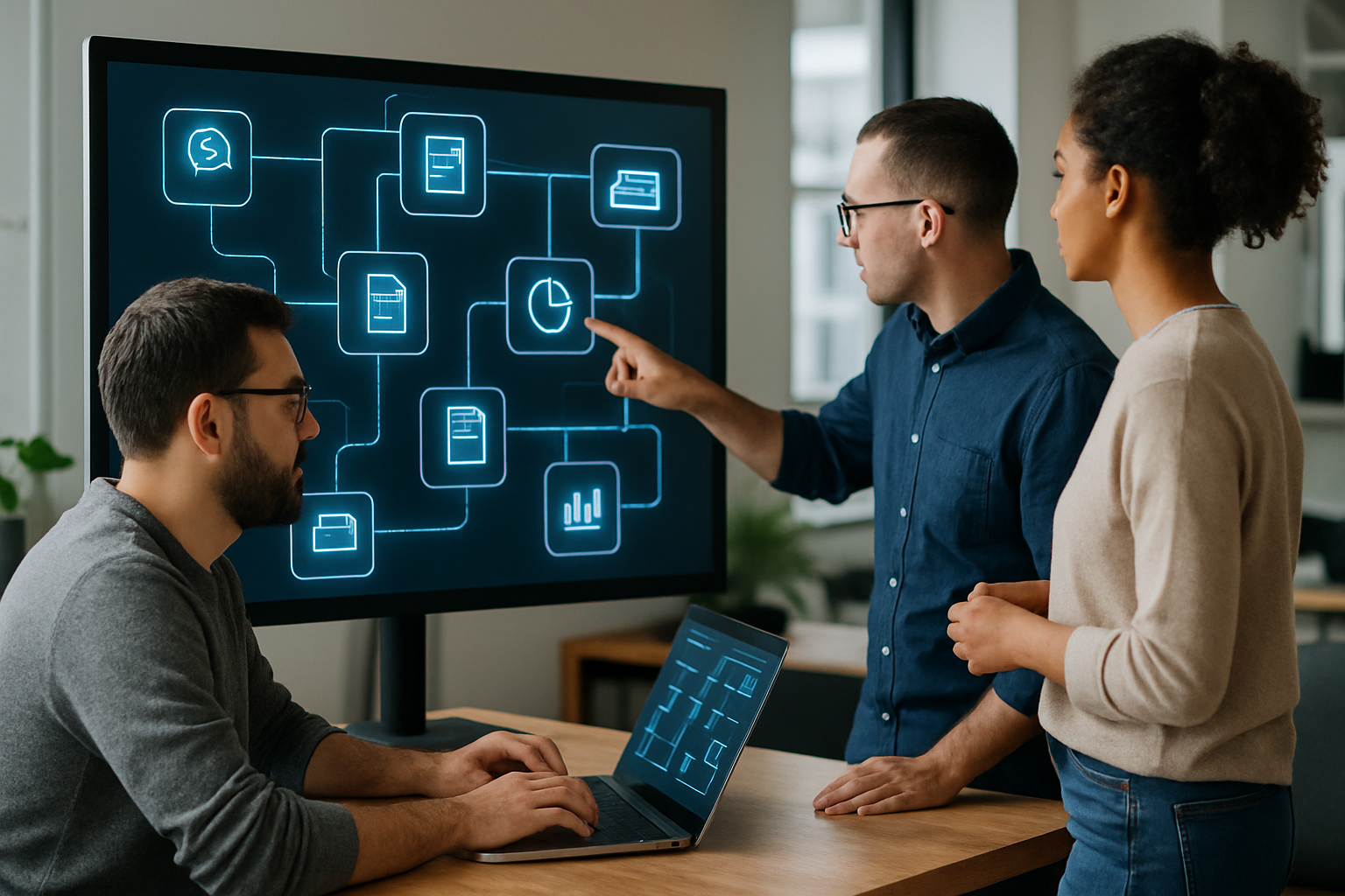 Team aziendale che collabora su una dashboard digitale con flussi di lavoro integrati