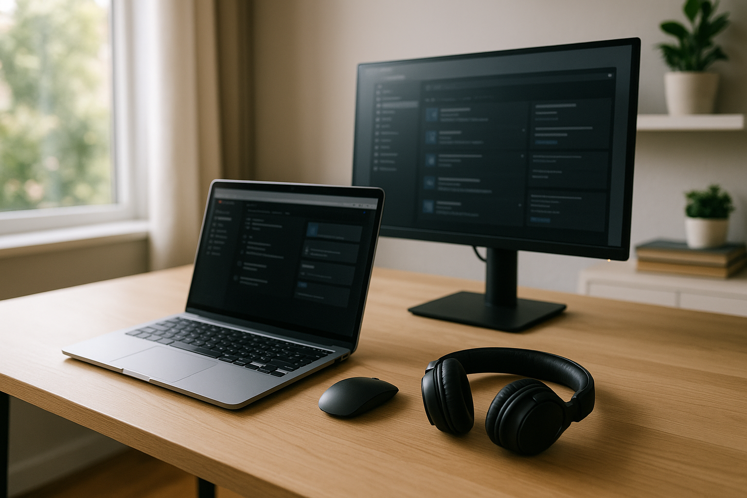 Postazione di lavoro da remoto con laptop, monitor esterno e cuffie in un ambiente domestico ordinato