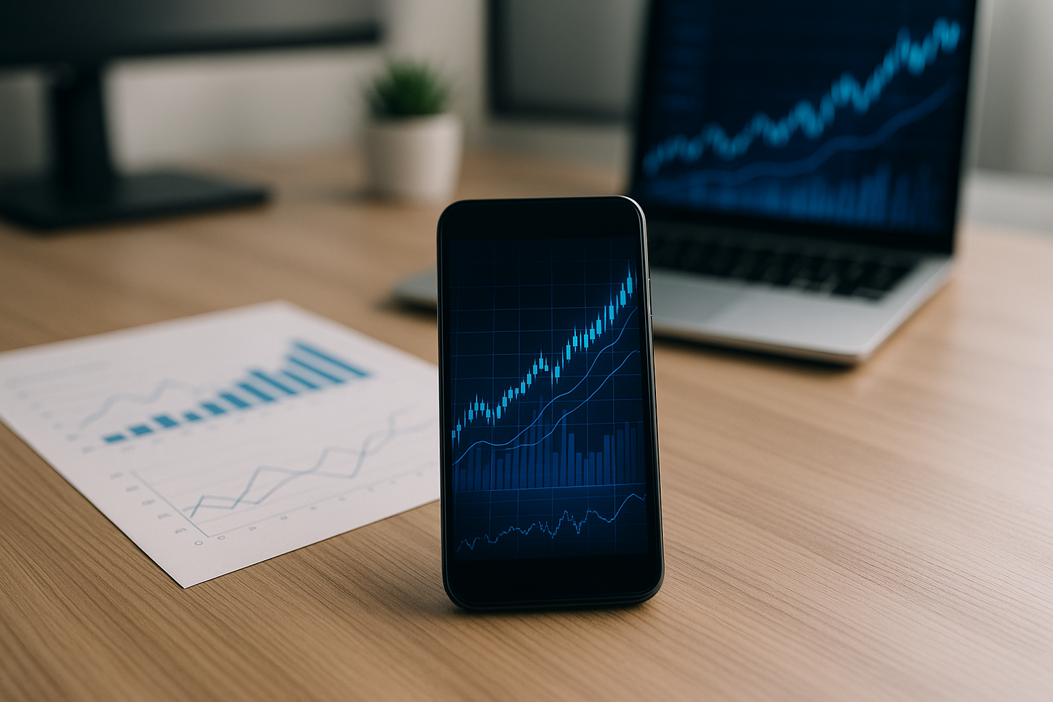 Smartphone e grafici astratti che rappresentano pagamenti digitali e investimenti fintech