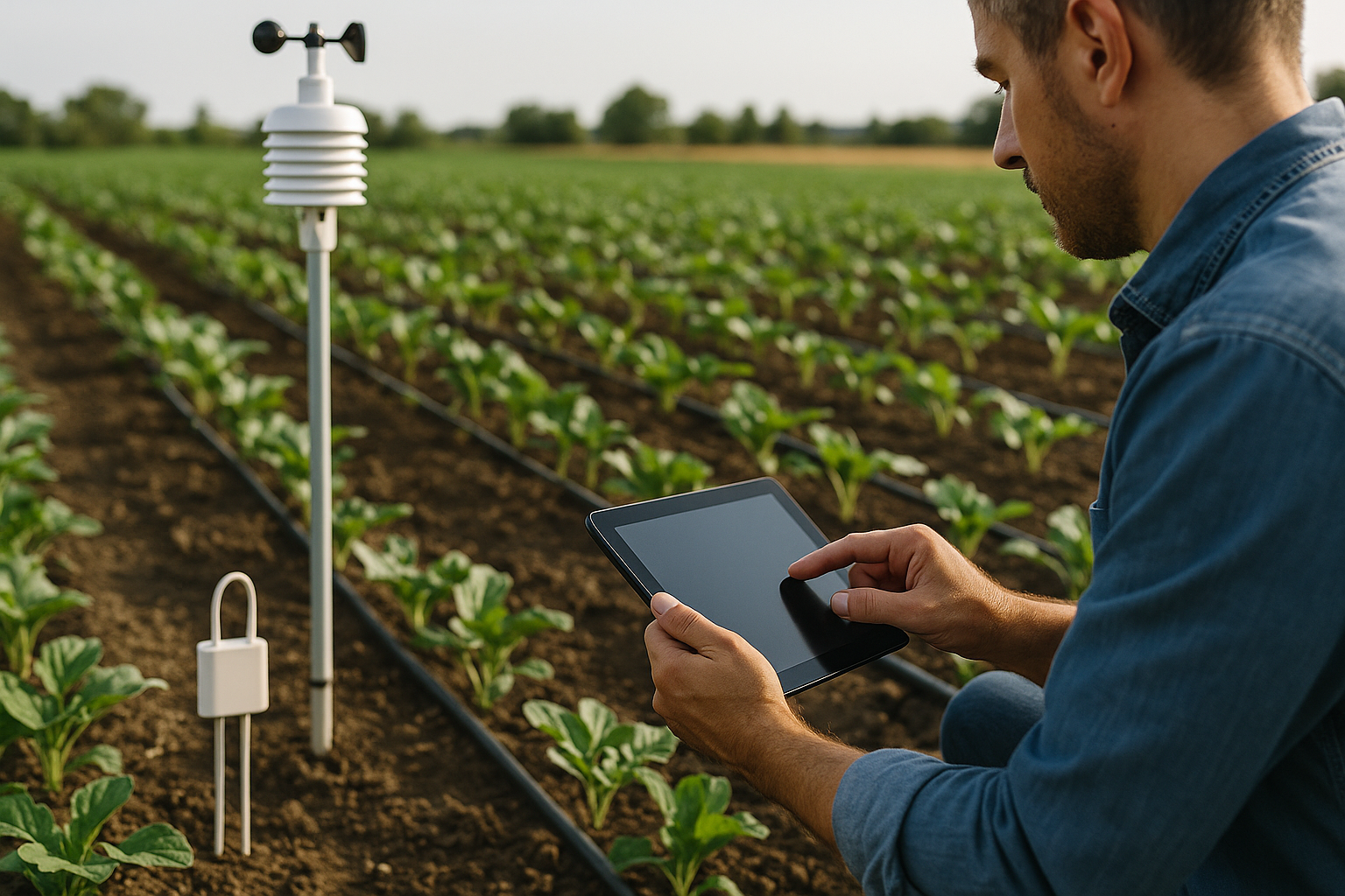 Sensori e automazione in un campo agricolo per monitorare dati di suolo e meteo