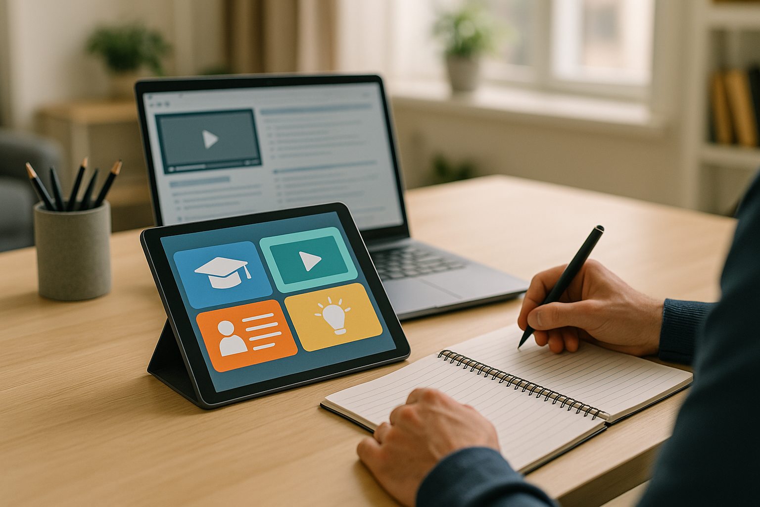 Postazione di studio con laptop e tablet che mostrano un ambiente di apprendimento digitale