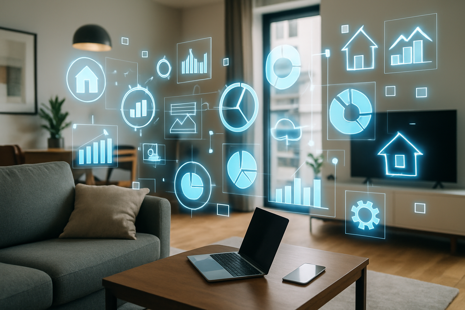 Rappresentazione concettuale di proptech con casa moderna e flussi di dati digitali