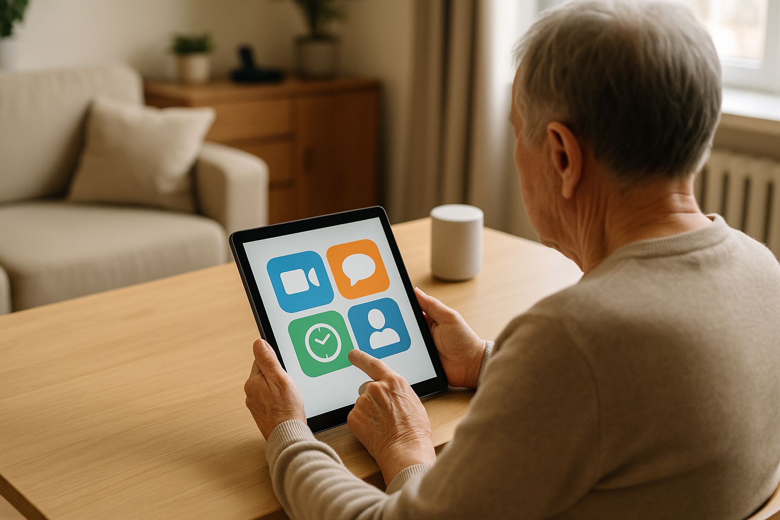 Persona anziana utilizza un tablet con interfaccia semplificata in casa per comunicare e gestire promemoria