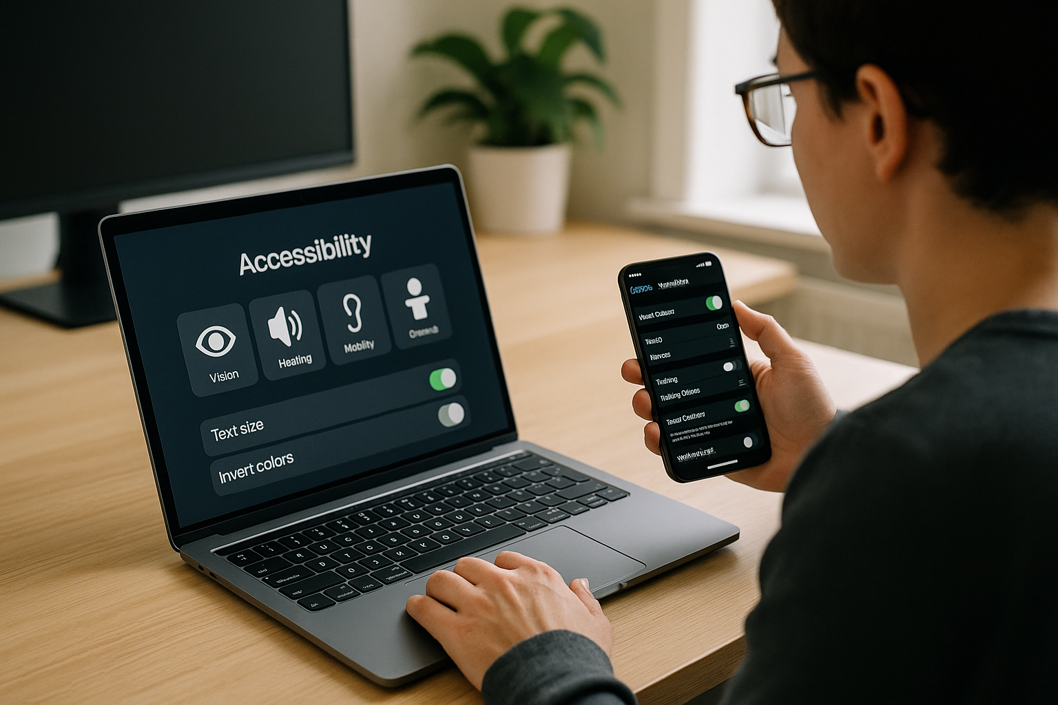 Utente che utilizza dispositivi con funzioni di accessibilità attive per una navigazione inclusiva