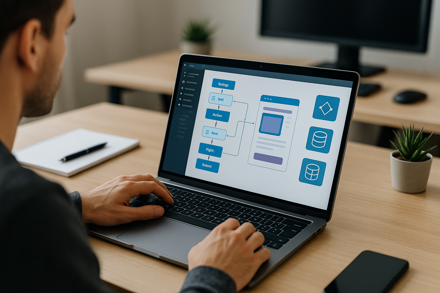 Interfaccia visuale a blocchi per creare app con flussi e dati in stile no code e low code