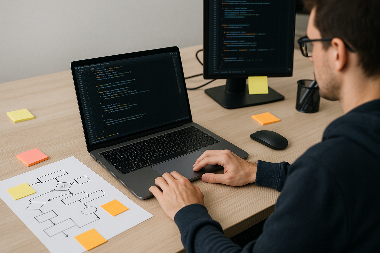 Scrivania di sviluppo software con laptop e diagrammi tecnici, a rappresentare velocità, sicurezza e qualità