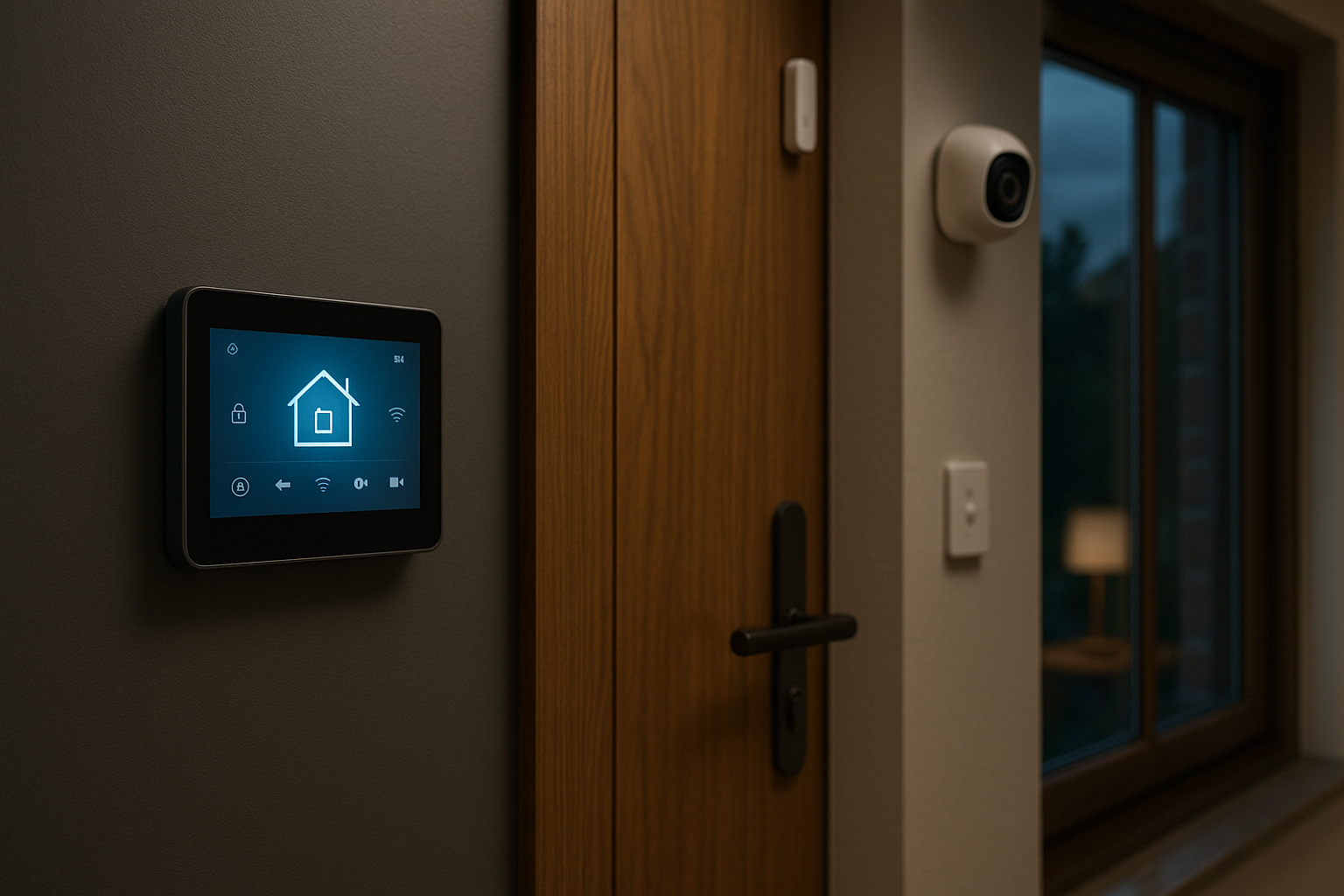 Sistema di sicurezza domestica smart con sensori su porta e finestra e pannello di controllo
