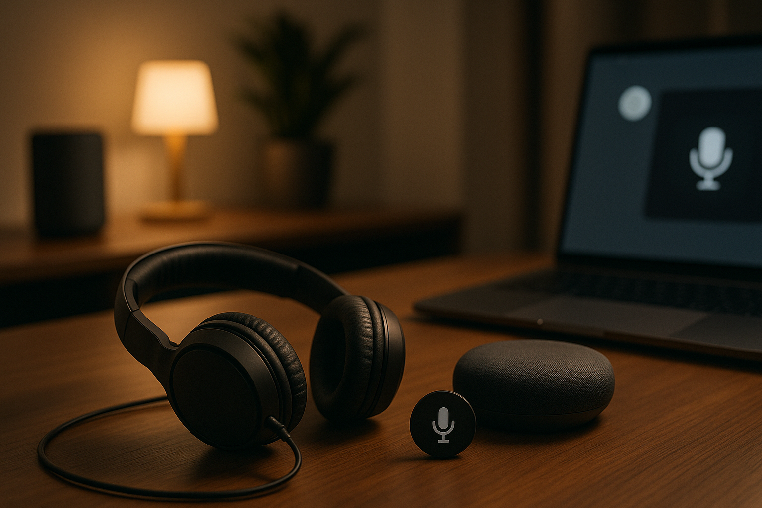 Cuffie e speaker domestico che rappresentano l’evoluzione dell’ascolto con audio digitale e comandi vocali