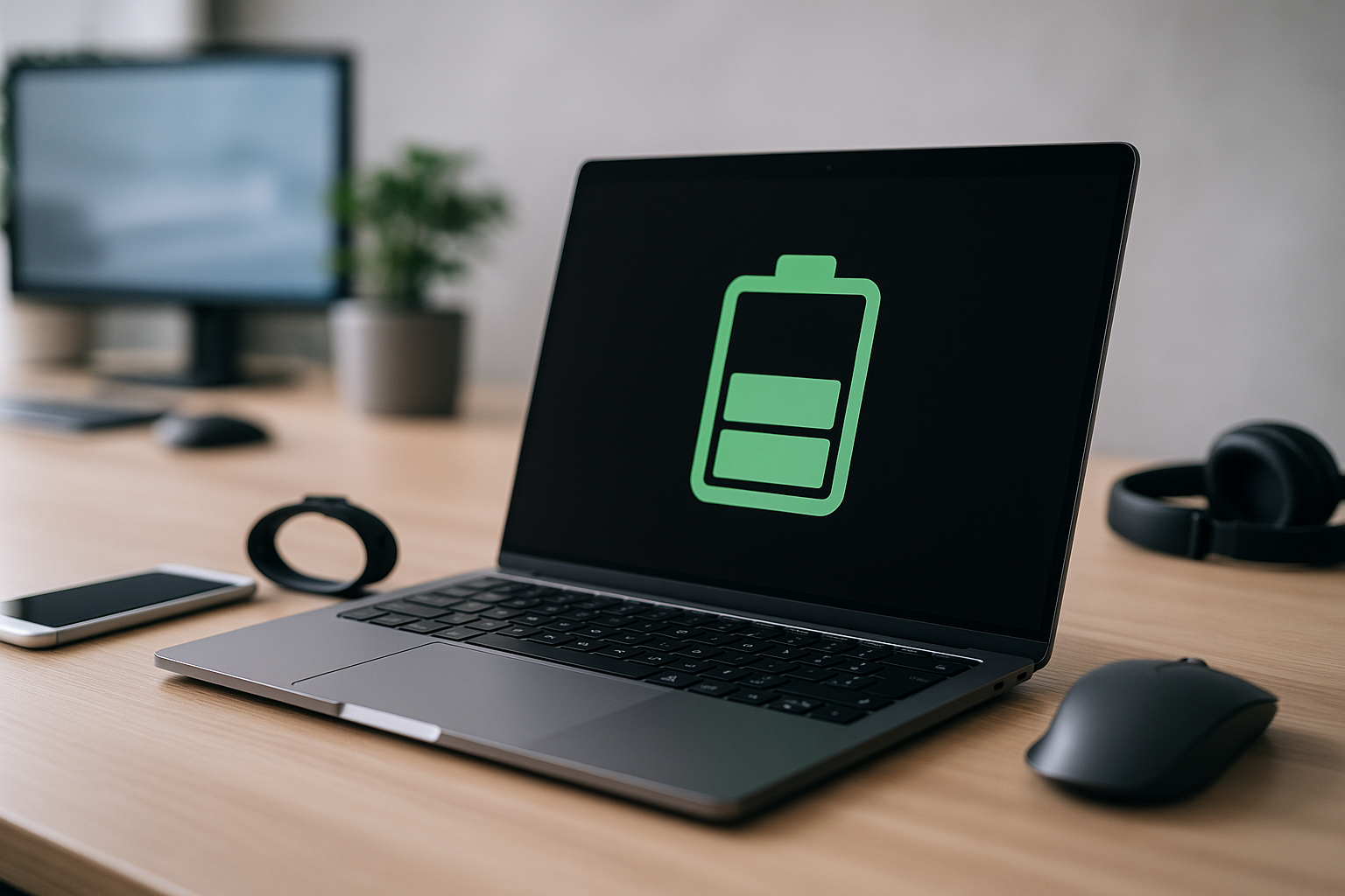 Dispositivi elettronici generici su una scrivania, concetto di autonomia e gestione della batteria