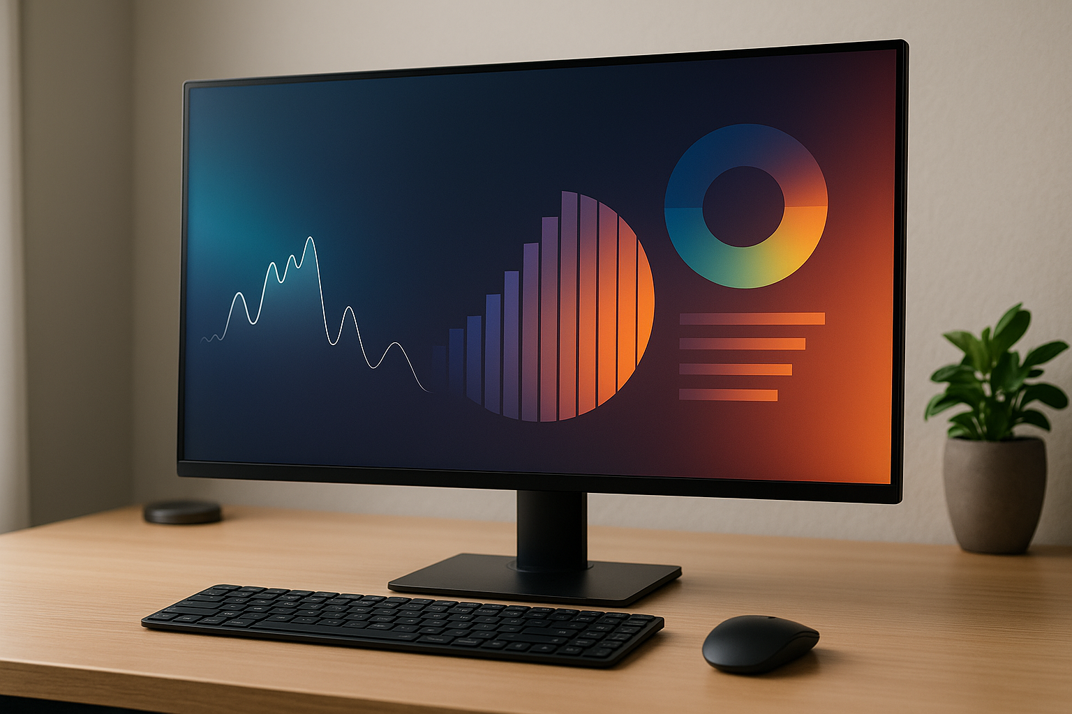Monitor moderno su scrivania minimal con grafici astratti che richiamano luminosità, colori e consumi