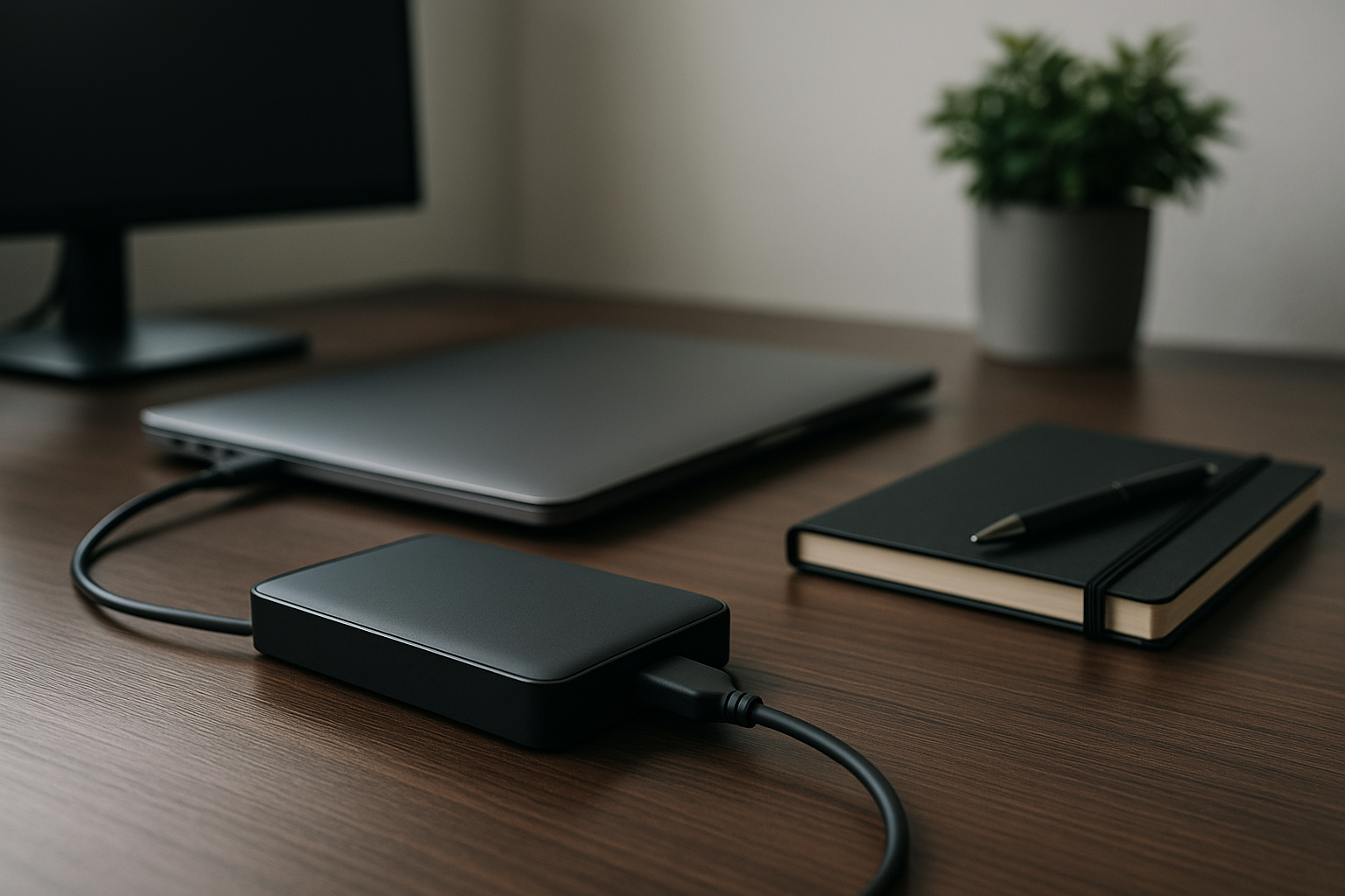 Postazione di lavoro con laptop e disco esterno per rappresentare backup e archiviazione dei dati
