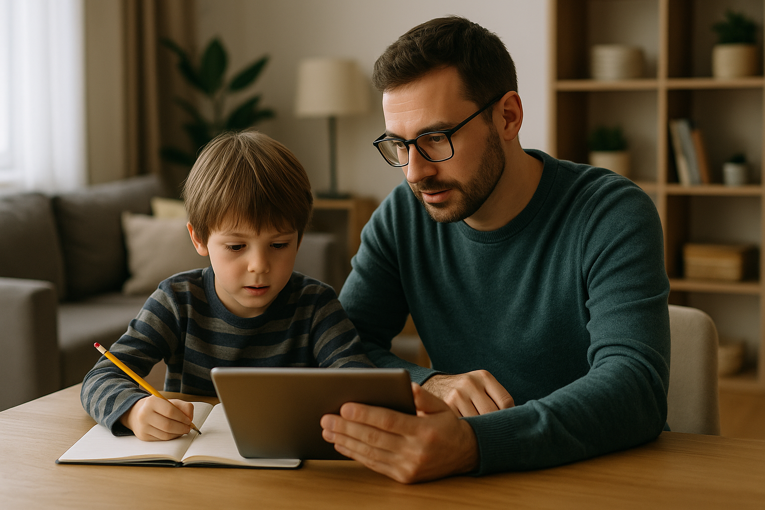 Genitore e bambino usano un tablet insieme a un quaderno in un ambiente domestico, in un contesto di educazione digitale