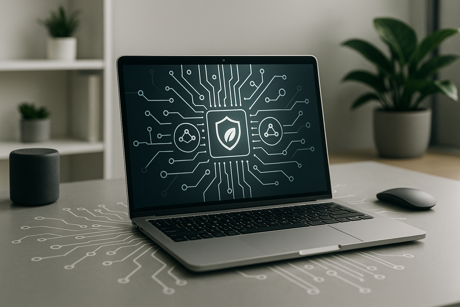 Concetto di integrazione tecnologica con sicurezza informatica e sostenibilità digitale